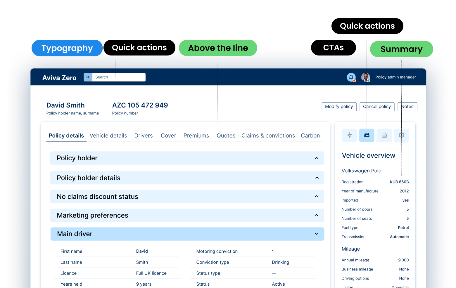 After — improved typography, quick actions, CTAs, summary